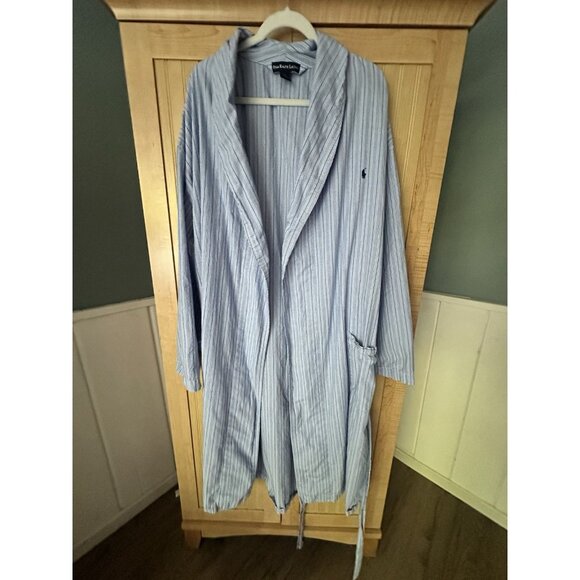 Polo Ralph Lauren Robe Size L / XL Striped Belted Lounge Cotton Prep Blue Pony - Picture 6 of 6